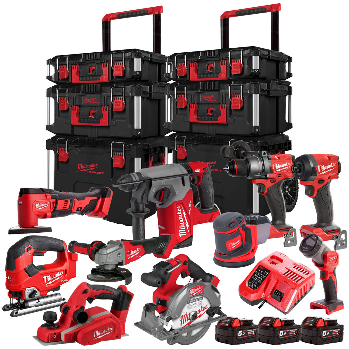 Milwaukee 18V 10 Piece Power Tool Kit With 3 x 5.0Ah Battery Charger & Trolley Toolbox