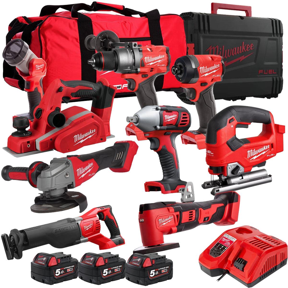 Milwaukee 18V 9 Piece Power Tool Kit with 3 x 5.0Ah Batteries T4TKITM-102